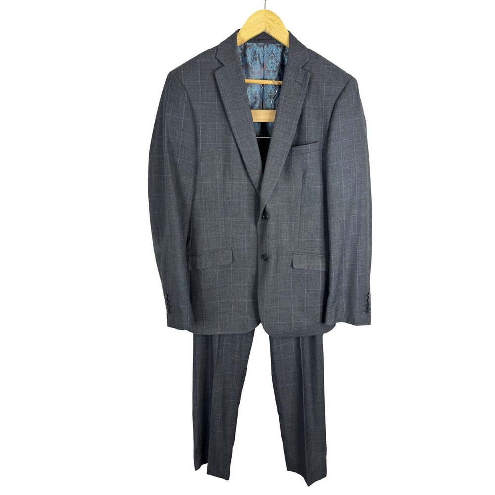 Sondergaard Copenhagen Mens Slim Fit Grey Windowpane Plaid Suit 40R 34x32